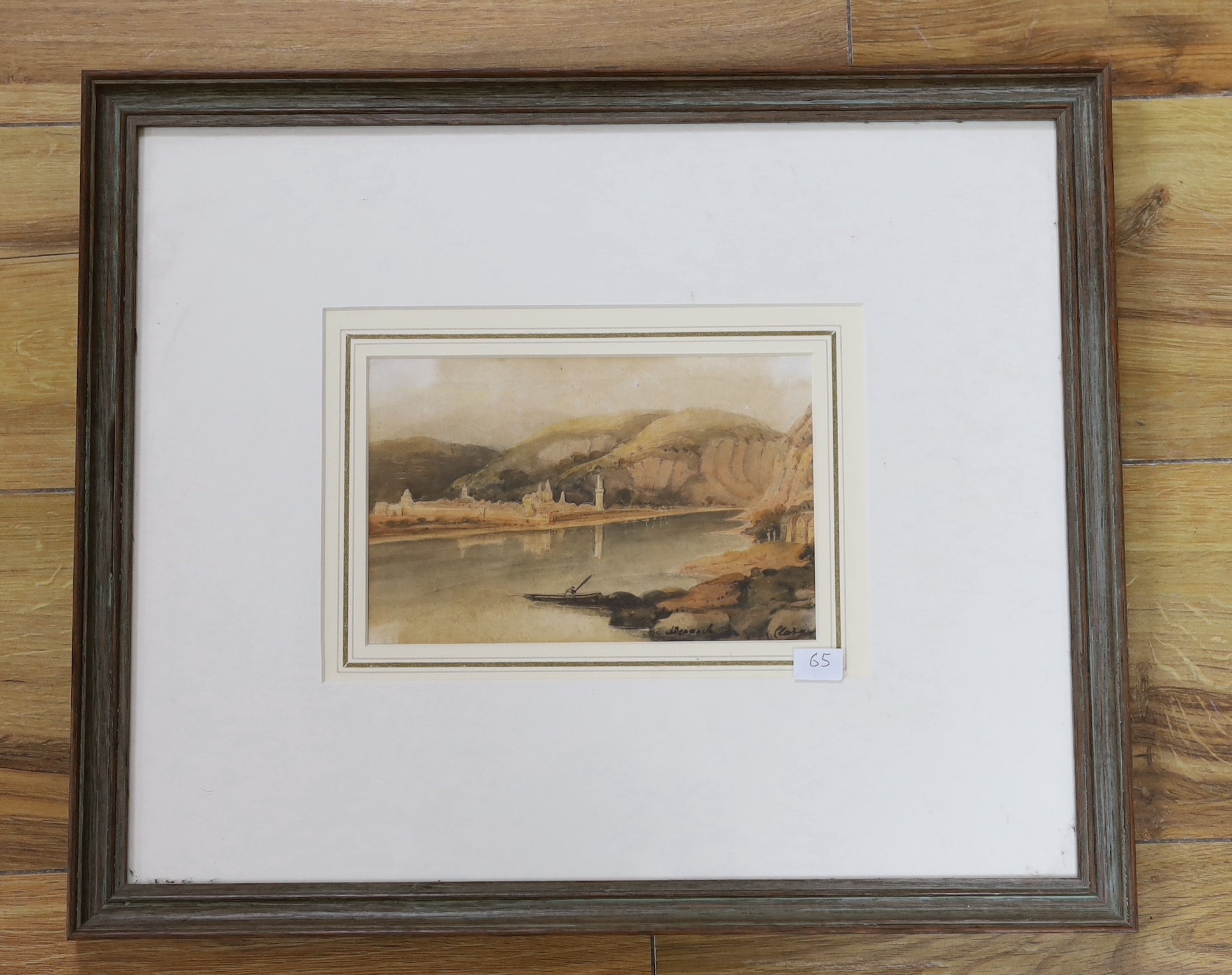 Attributed to Clara Peach, watercolour, Continental view, river landscape, inscribed verso ‘On The Rhine’, dated 1820, 12 x 19cm